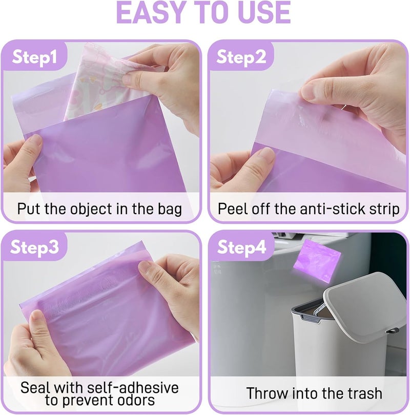 FARVIGOR Sanitary Napkin Disposal Bags , 100Pcs Women Feminine Hygiene Disposal Bags for Tampons and Pads, Personal Disposal Bag Self-Sealing, Privacy Protection, 9.8x5.9"(Purple) - Image 5